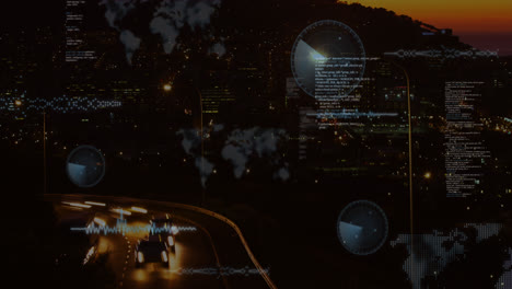 Animation-of-round-scanners-and-data-processing-against-aerial-view-of-city-traffic-at-night