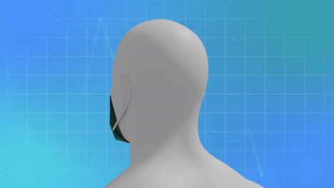Animation-of-cardiograph-and-man-with-face-mask-on-blue-background