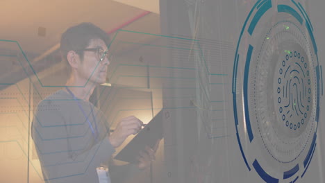 Animation-of-biometric-fingerprint-scanner-against-asian-male-engineer-using-working-at-server-room