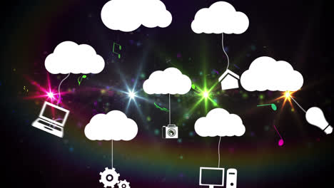 Animation-Von-Wolken-Und-Digitalen-Symbolen-über-Wolken,-Digitale-Wolken-In-Elektronischen-Geräten