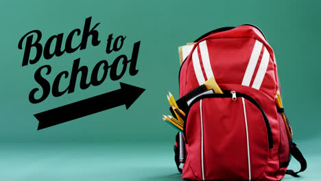 Animation-of-back-to-school-text-over-school-bag-on-green-background