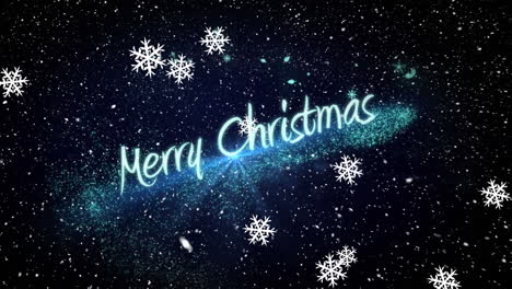 Animation-of-snowflakes-falling-over-merry-christmas-text-banner-and-blue-light-spot