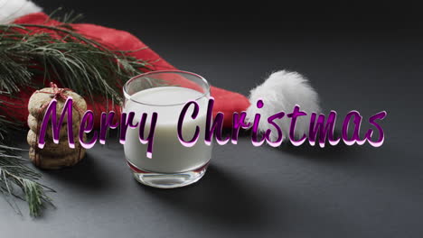 Merry-christmas-text-in-purple-over-milk,-cookies-and-christmas-hat
