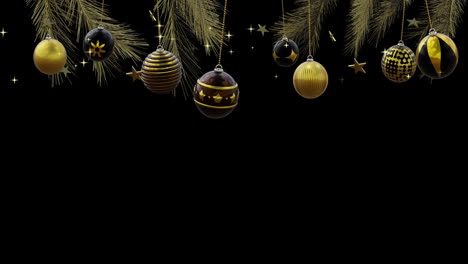 Adornos-Negros-Y-Dorados-Balanceándose-En-Un-árbol-De-Navidad-Con-Estrellas-Doradas-Sobre-Fondo-Negro,-Espacio-Para-Copiar