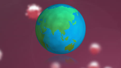 Animation-Fallender-Covid-19-Zellen-über-Einem-Sich-Drehenden-Globus-Auf-Dunklem-Hintergrund