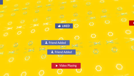 Animation-of-subscribe-moving-over-yellow-background-with-rotating-shapes