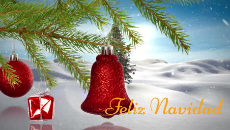 Animation-of-feliz-navidad-text-and-hanging-decorated-on-a-branch-against-winter-landscape