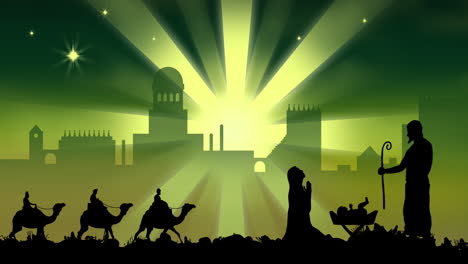 Animation-of-silhouette-of-nativity-scene-over-city-and-green-shooting-star-on-green-background