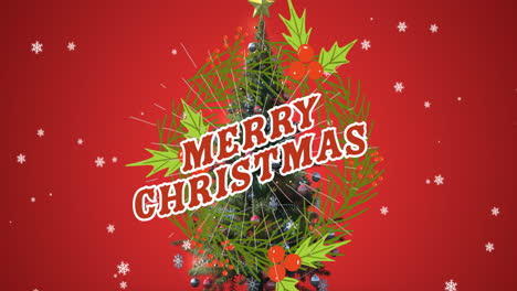 Animation-Von-Kirschen,-Blättern,-Frohe-Weihnachten-Mit-Schneeflocken-über-Weihnachtsbaum-Auf-Rotem-Hintergrund
