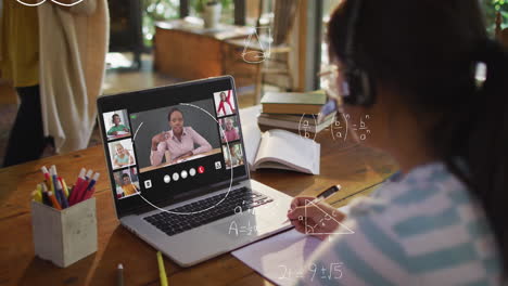Animation-of-mathematical-equations-over-asian-girl-having-a-video-conference-on-laptop-at-home