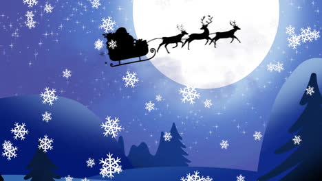 Animation-Von-Schneeflocken,-Weihnachtsmann-Fährt-Auf-Rentierschlitten-über-Berge-Und-Bäume-Vor-Dem-Mond