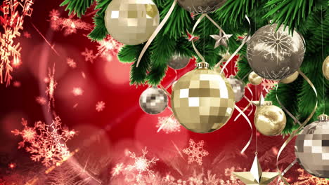 Animation-Eines-Geschmückten-Weihnachtsbaums-Und-Schneeflocken-Mit-Linsenreflexionen-Auf-Rotem-Hintergrund