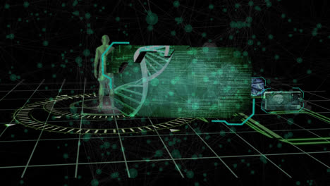 Animation-of-scientific-data-on-screen-and-human-model-over-black-background
