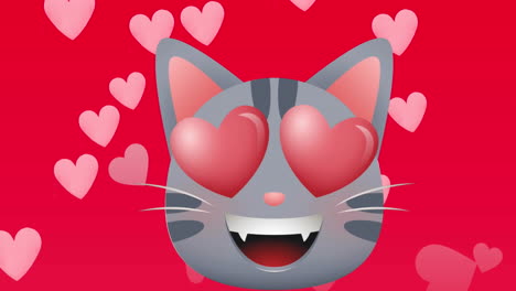 Animation-of-heart-eyes-cat-face-emoji-and-pink-heart-icons-floating-against-red-background
