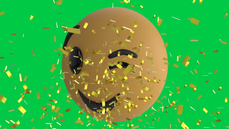 Animation-Von-Goldenem-Konfetti,-Das-über-Ein-Zwinkerndes-Emoji-Vor-Grünem-Hintergrund-Fällt