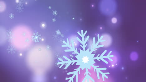 Animation-of-snowflakes-falling-against-glowing-spots-of-light-on-purple-background-with-copy-space