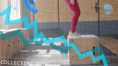 Animation-of-interface-processing-data-over-caucasian-woman-jumping-on-boxes-cross-training-at-gym