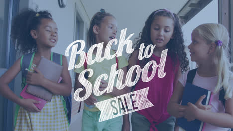 Animation-of-back-to-school-sale-text-over-happy-diverse-school-kids-at-school