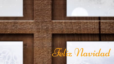 Animation-of-feliz-navidad-text-over-christmas-tree-and-wooden-window-frame-against-winter-landscape