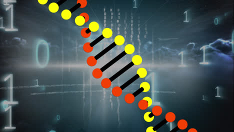 Animation-of-dna-over-data,-binary-code-and-clouds