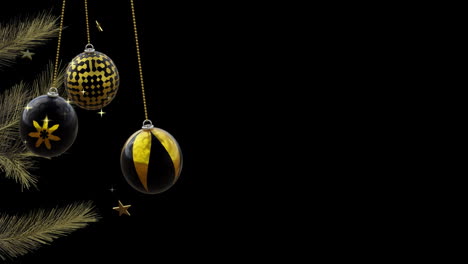 Black-and-gold-baubles-swinging-on-christmas-tree-with-gold-stars-on-black-background,-copy-space