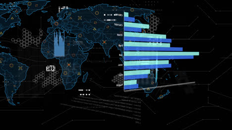 Animation-of-financial-graphs,-data-and-world-map-on-black-background