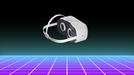 Animation-of-vr-headset-over-glowing-grid-moving-on-black-background