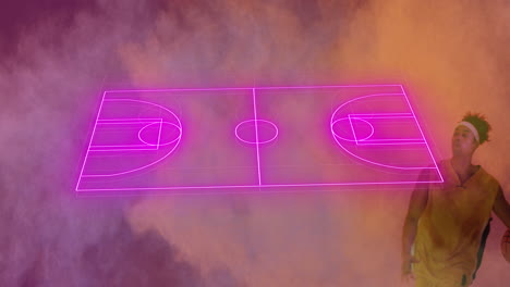 Animation-Eines-Rosafarbenen-Feldes-Und-Einer-Pulverexplosion-über-Einem-Afroamerikanischen-Männlichen-Basketballspieler-Mit-Ball