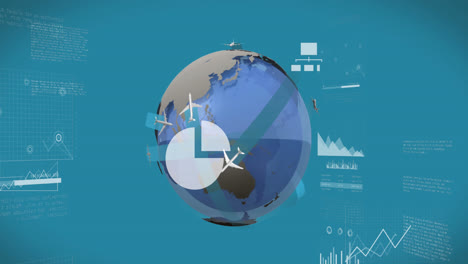 Animation-of-statistical-data-processing-and-airplane-icons-over-spinning-globe-on-blue-background