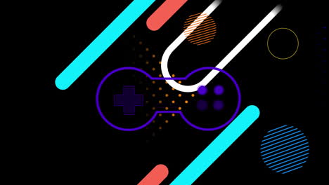 Animation-of-video-game-controller-icon-and-colorful-abstract-shapes-against-black-background