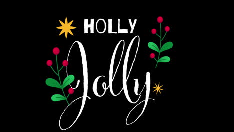 Animation-of-holly-jolly-text-banner-with-floral-design-against-black-background