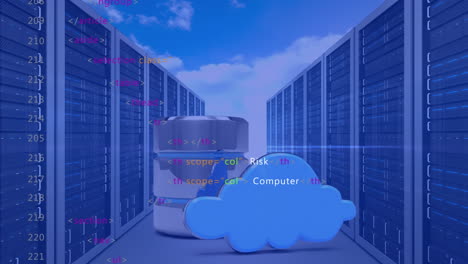 Animation-Der-Datenverarbeitung-Vor-Wolkensymbol-Und-Computerservern-Im-Himmel