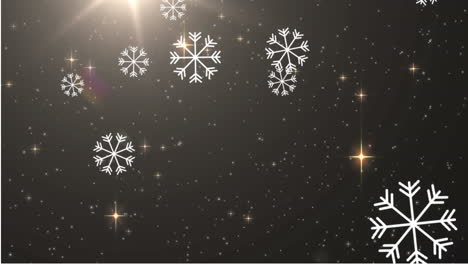 Animation-Von-Schneeflocken,-Die-Vor-Leuchtenden-Sternen-Und-Lichtflecken-Auf-Schwarzem-Hintergrund-Fallen