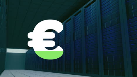 Animation-Eines-Euro-Währungssymbols,-Das-Sich-über-Computerservern-Grün-Füllt