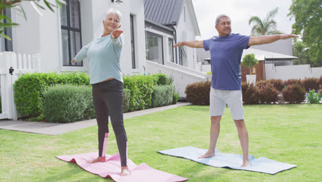 Glückliches-älteres,-Vielfältiges-Paar,-Das-Yoga-Im-Garten-Praktiziert