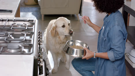 Biracial-woman-serving-golden-retriever-dog-food-at-home,-slow-motion