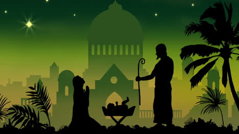 Animation-of-silhouette-of-nativity-scene-over-city-on-green-background
