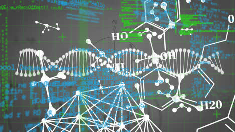 Animation-Der-DNA-Und-Der-Molekülstruktur-über-Der-Datenverarbeitung-Vor-Grauem-Hintergrund