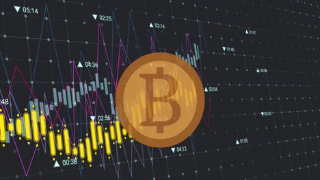 Animation-Von-Bitcoin-über-Diagrammen-Und-Aktienmarkt-Auf-Schwarzem-Hintergrund