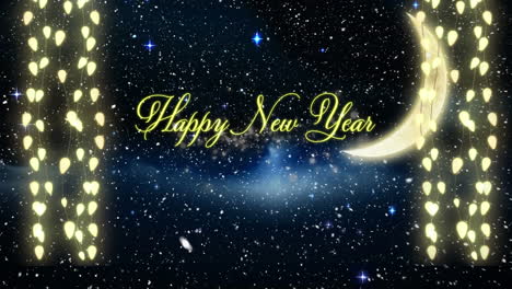 Animation-of-snow-falling-over-happy-new-year-text-banner-and-hanging-fairy-lights-in-night-sky