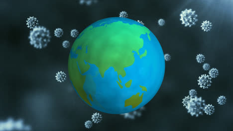 Animation-Von-Covid-19-Zellen,-Die-über-Einem-Sich-Drehenden-Globus-Vor-Einem-Lichtpunkt-Auf-Grauem-Hintergrund-Schweben