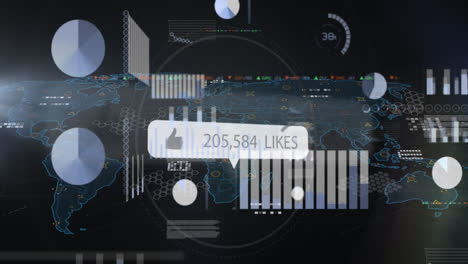 Animation-Eines-„Gefällt-Mir“-Symbols-Mit-Steigenden-Zahlen-über-Datenverarbeitung-Und-Weltkarte-Auf-Blauem-Hintergrund