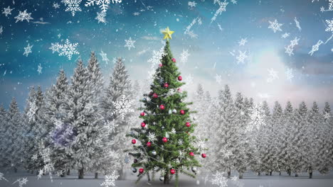 Animation-of-snowflakes-falling-over-decorated-christmas-tree-on-winter-landscape