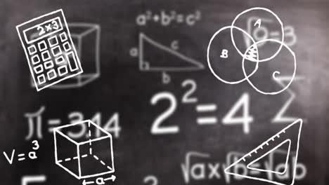 Animation-Von-Mathematik-Konzeptsymbolen-über-Mathematischen-Gleichungen-Auf-Schwarzem-Tafelhintergrund