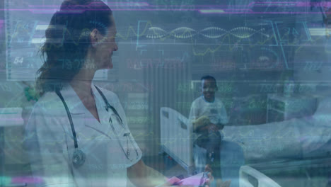 Animation-of-financial-data-processing-over-caucasian-female-doctor-with-boy-patient
