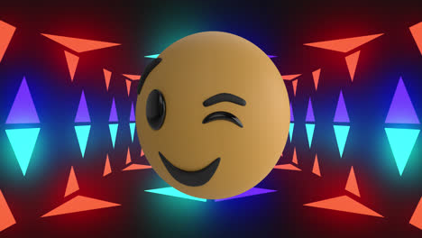 Animation-of-smiling-and-winking-emoji-icon-over-neon-tunnel