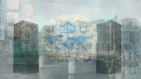 Animation-of-globe-with-cloud-icon-and-data-processing-over-computer-servers