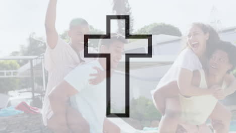 Animation-of-black-outline-crucifix-cross-over-happy-diverse-friends-piggybacking-in-sun