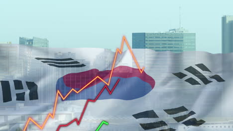 Animation-of-diagrams-and-flag-of-south-korea-over-city
