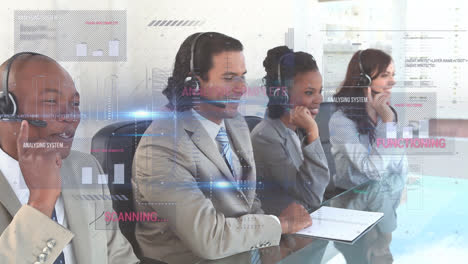 Animation-of-data-and-analysis-complete-over-diverse-call-center-workers